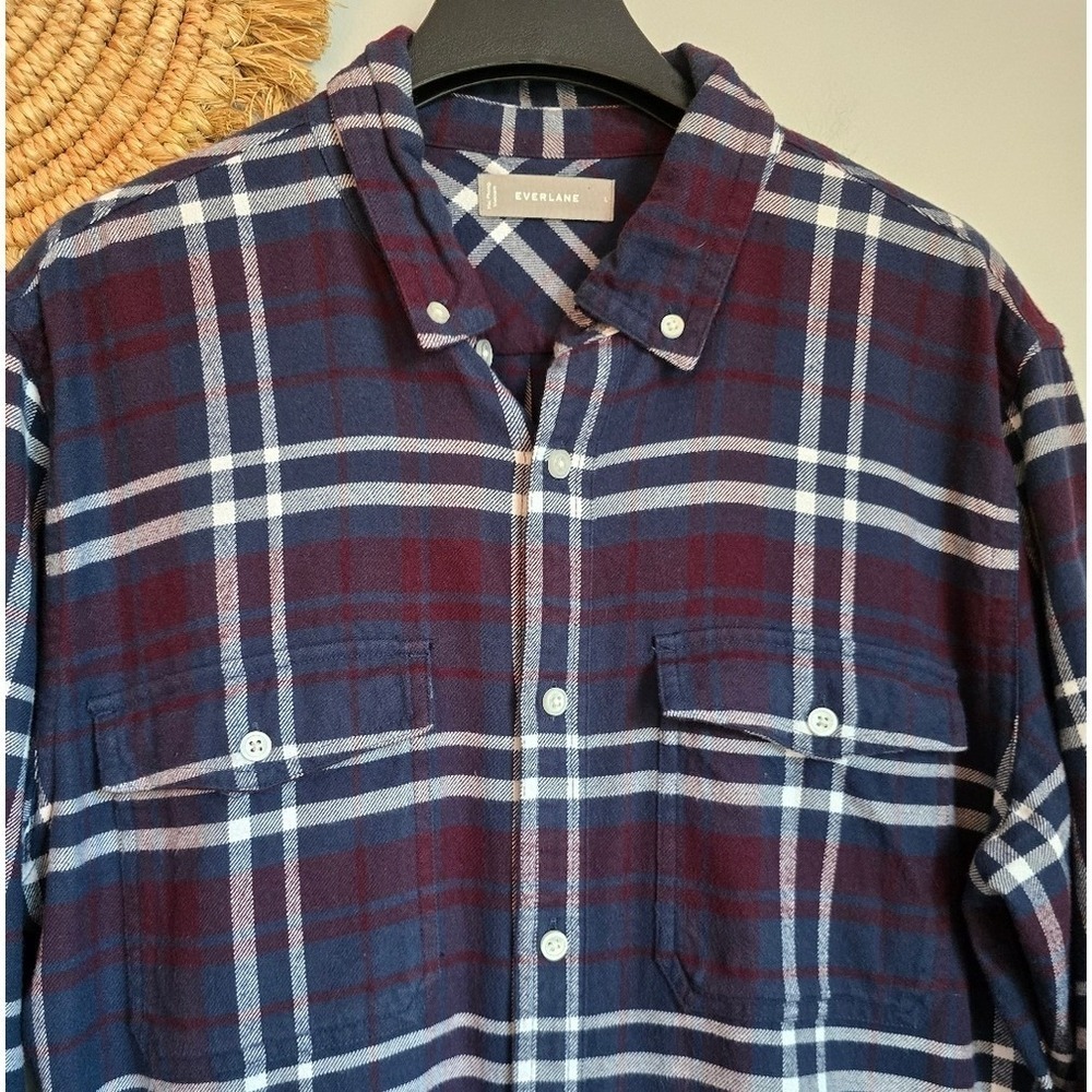 Everlane Men's Navy Red The Brushed Button Down Flannel Shirt SZ Large Rugged - Picture 3 of 10